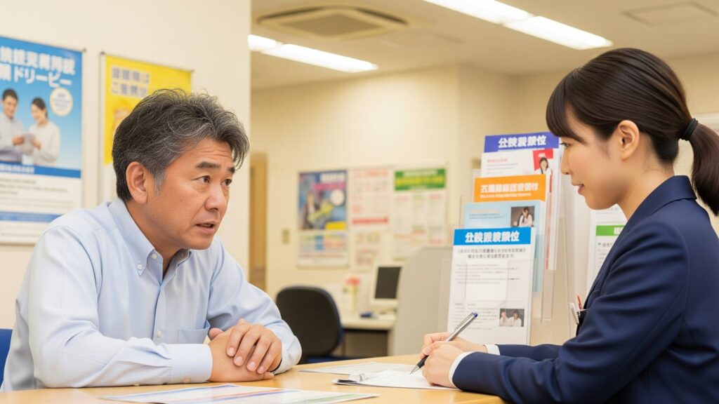 50代で転職に失敗し、ハローワークの相談窓口で女性職員に真剣に相談する男性。「失業保険」や「求職」に関する情報を得る様子を描いたリアルな写真風イラスト