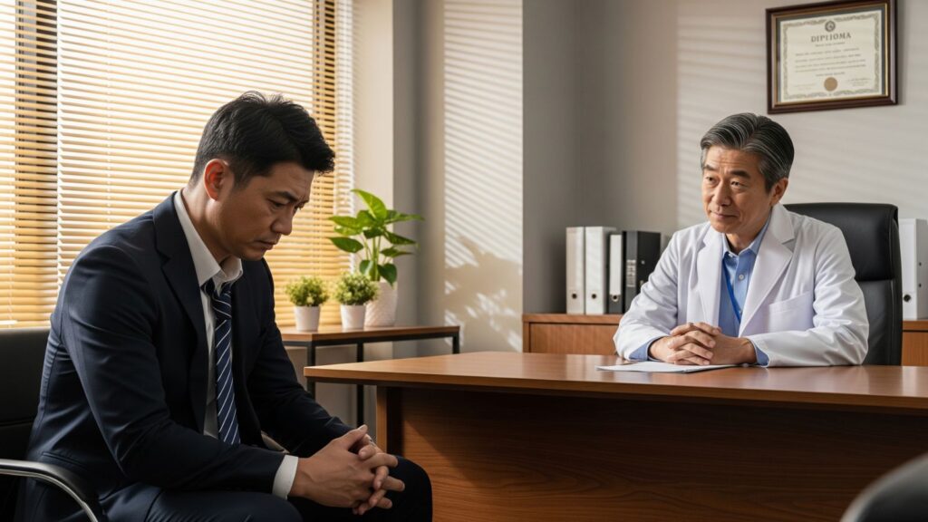 50代で転職に失敗し、「もう辞めたい」と悩む男性が、心療内科で医師の診察を受けている様子。疲弊した表情と、医師の穏やかな眼差しが印象的な写真風イラスト