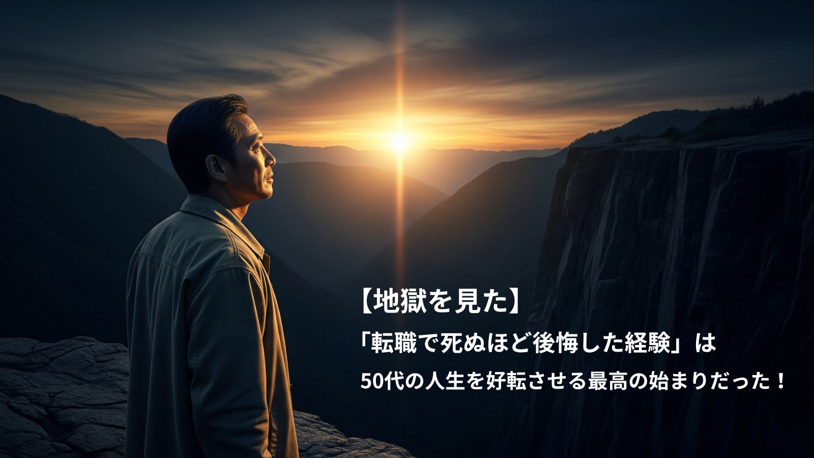 50代で転職に失敗し後悔の淵に立つ男性が、夜明けの光を見つめ、希望を取り戻す姿を描いたイラスト