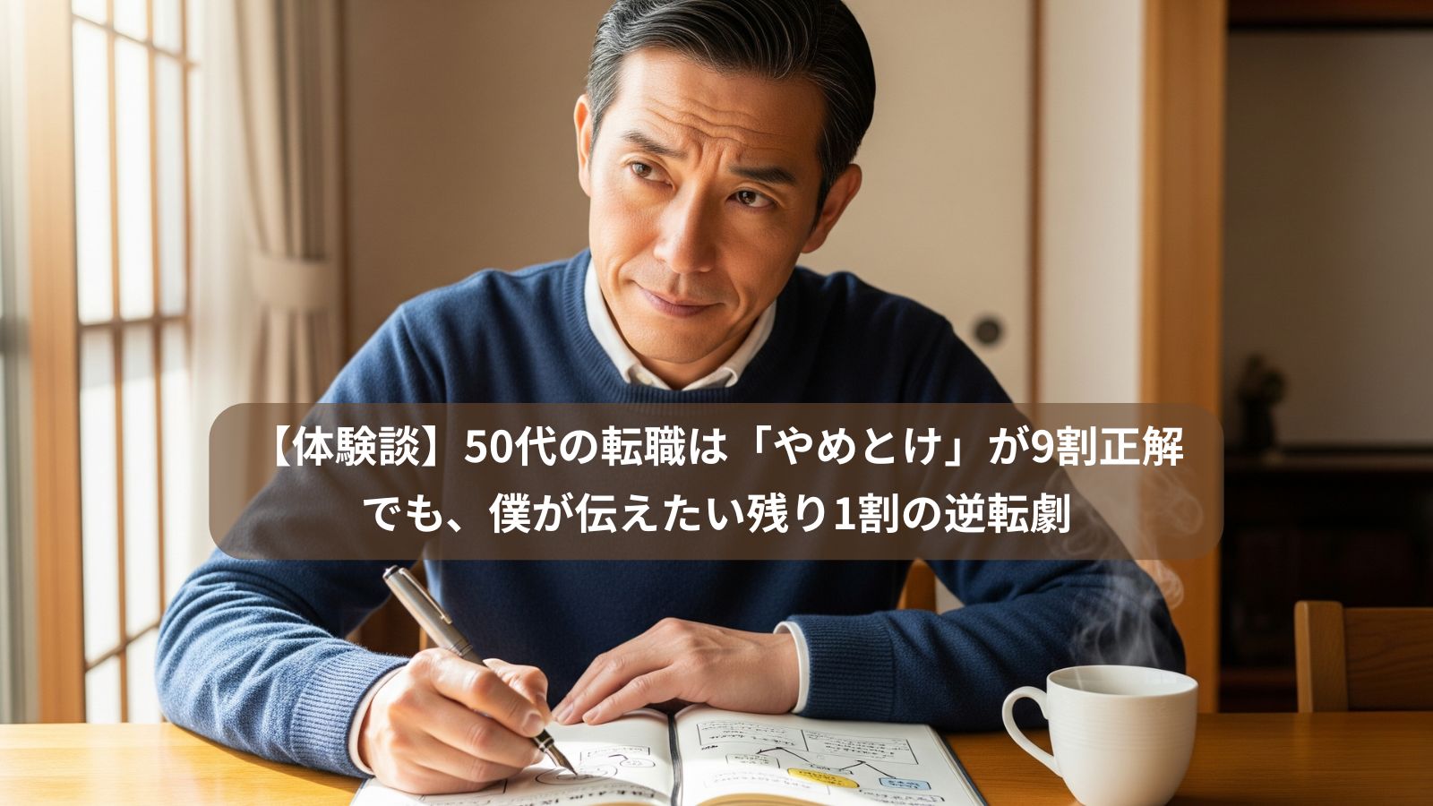 50代男性 自宅で転職について悩み戦略を練る様子。「50代の転職はやめとけ」という言葉から抜け出し、後悔しないための思索。「おがた式リストラ対策研究所」