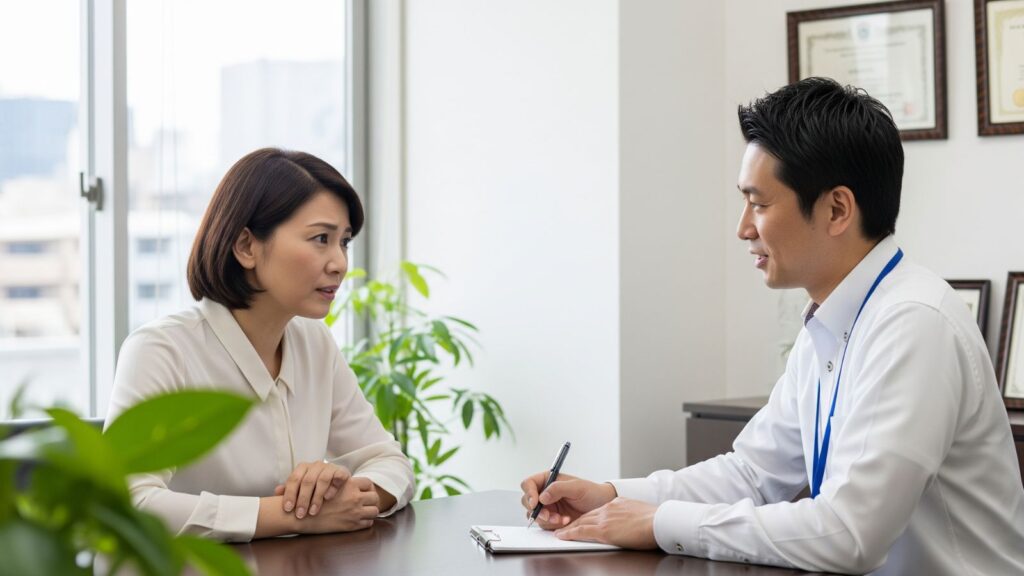 キャリアコンサルタントの男性と向かい合い、真剣な表情で相談する50代の日本人女性。