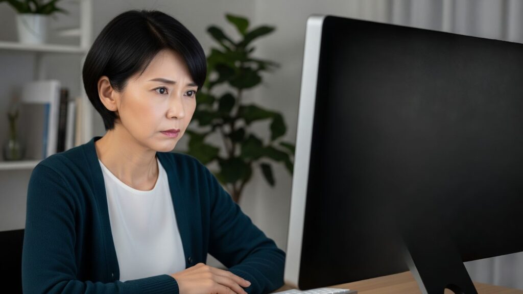 50代女性が自宅でPC画面の「50代 派遣 やめとけ」という検索結果に不安な表情で見入る様子。