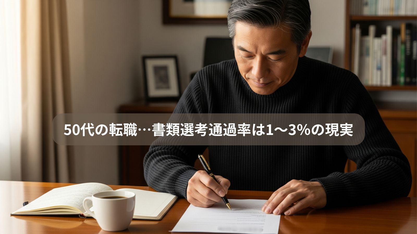 50代の転職、書類選考を突破するための履歴書作成。自宅の書斎で未来を見据え真剣にペンを走らせる50代男性（筆者）。厳しい現実を乗り越え、経験を武器に新たなキャリアを切り拓く決意を表現。「おがた式リストラ対策研究所」