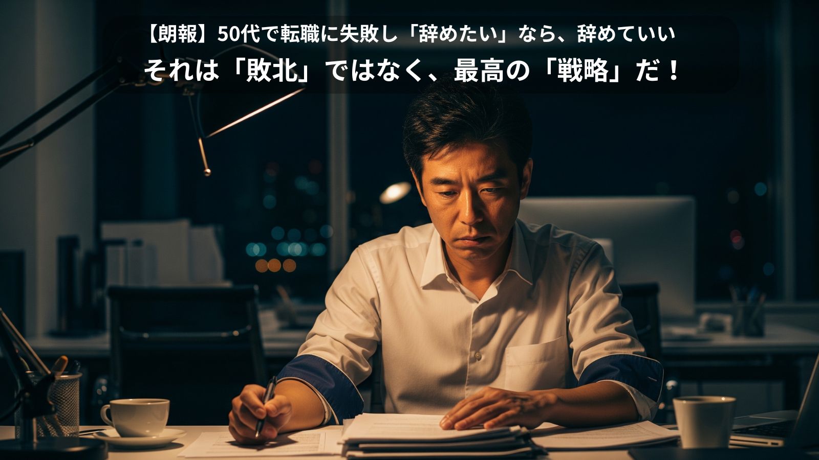 夜のオフィスで一人、書類を前に疲れ果てた表情の50代男性。「50代で転職に失敗し辞めたい」という絶望的な状況と、そこから抜け出すための戦略を表現。「おがた式リストラ対策研究所」
