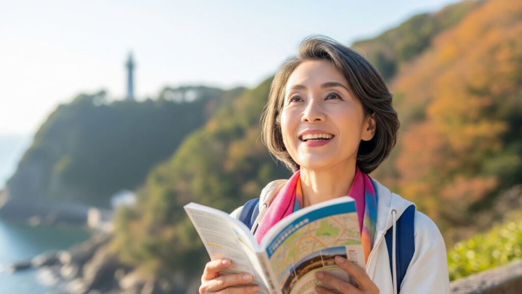 旅行ガイドブックを手に、海沿いの景色を笑顔で見上げる50代の日本人女性。