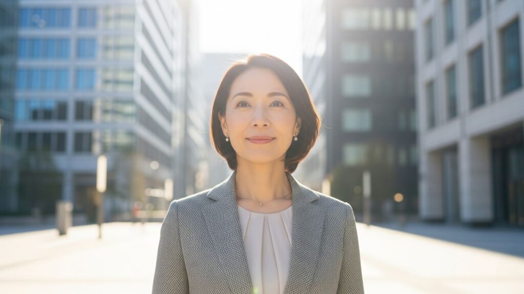晴れたオフィス街で、自信に満ちた笑顔でまっすぐ前を見据える50代の日本人女性。