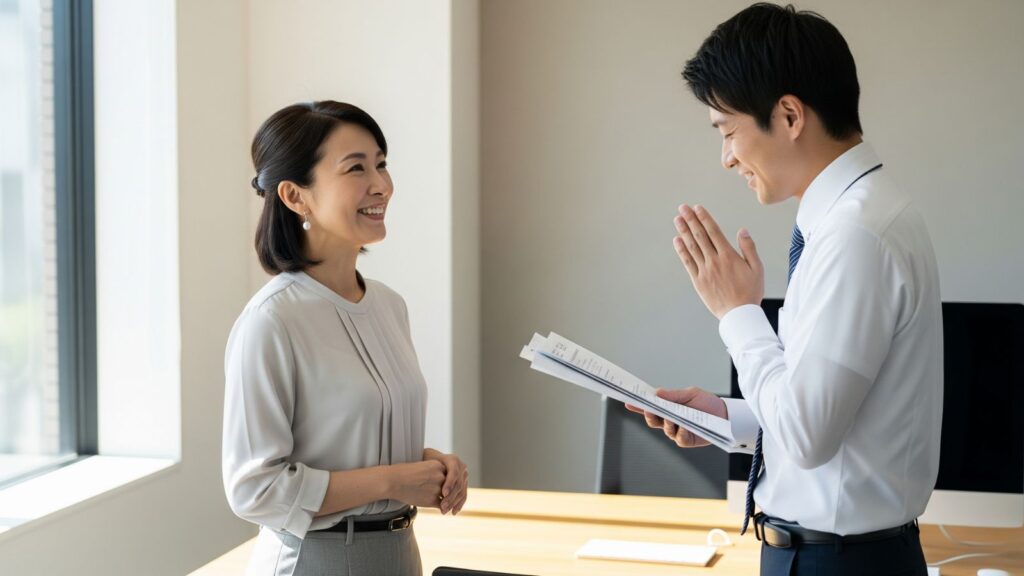 オフィスで若手社員から感謝の言葉を受け、笑顔で応じる50代の日本人女性派遣社員。