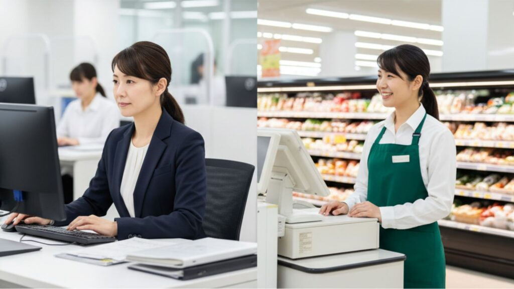 左側はオフィスでPC作業をするプロフェッショナルな派遣社員の女性、右側はスーパーのレジで笑顔のパート店員の女性。