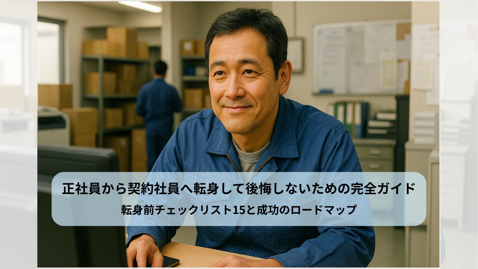 正社員から契約社員に転身し後悔しないためのチェックリストと成功のロードマップを解説する記事のアイキャッチ。物流会社の事務所で希望を持って働く中年男性