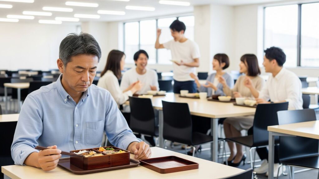 50代で転職に失敗し、社員食堂で一人寂しく弁当を食べる男性。楽しそうに食事をする若い社員たちとの対比が、孤独感を際立たせる写真風イラスト