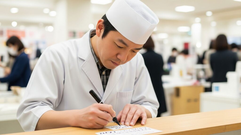 百貨店から転職した40代男性が、催事の現場で手書きPOPを真剣な表情で書いているイラスト
