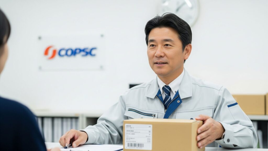 百貨店の物流部での経験を活かし、大手物流企業の窓口で働く50代男性のイラスト