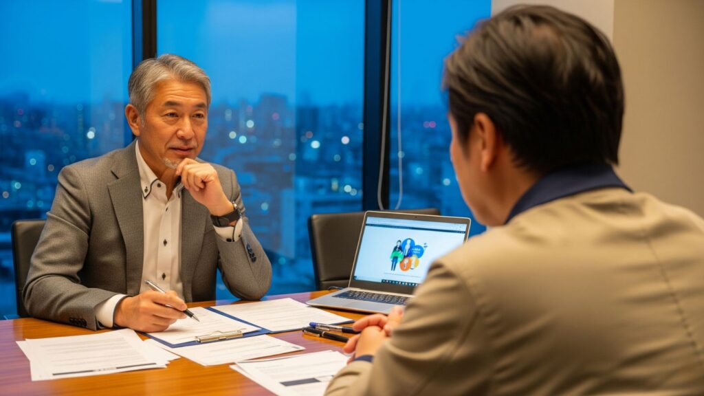 大手転職エージェントの面談スペースで、50代後半のベテランキャリアコンサルタントが40代後半の元百貨店員の相談に耳を傾ける様子。東京のオフィスビルから夕暮れの街並みが見え、真剣かつ信頼感のあるキャリア相談風景が横長の画像で表現されている。