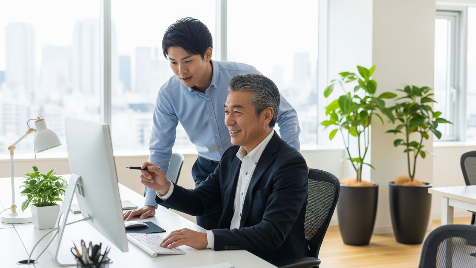 大手企業のオフィスで、若手社員にパソコン画面を見せながら指導する、契約社員の50代男性