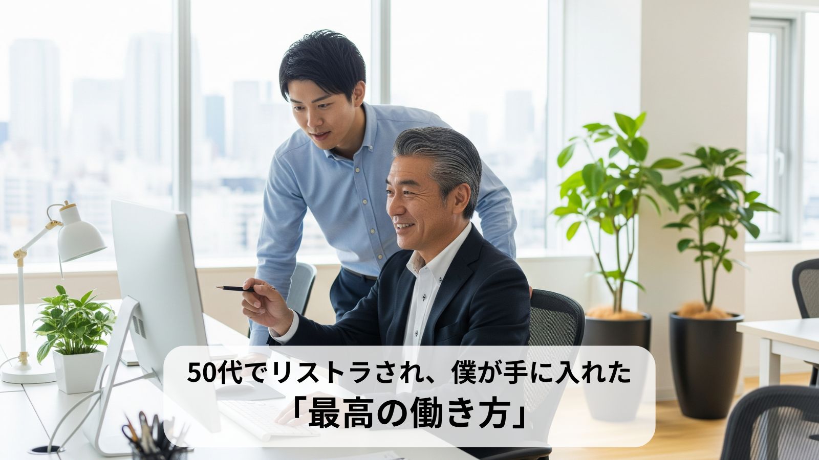 大手企業のオフィスで、若手社員にパソコン画面を見せながら指導する、契約社員の50代男性