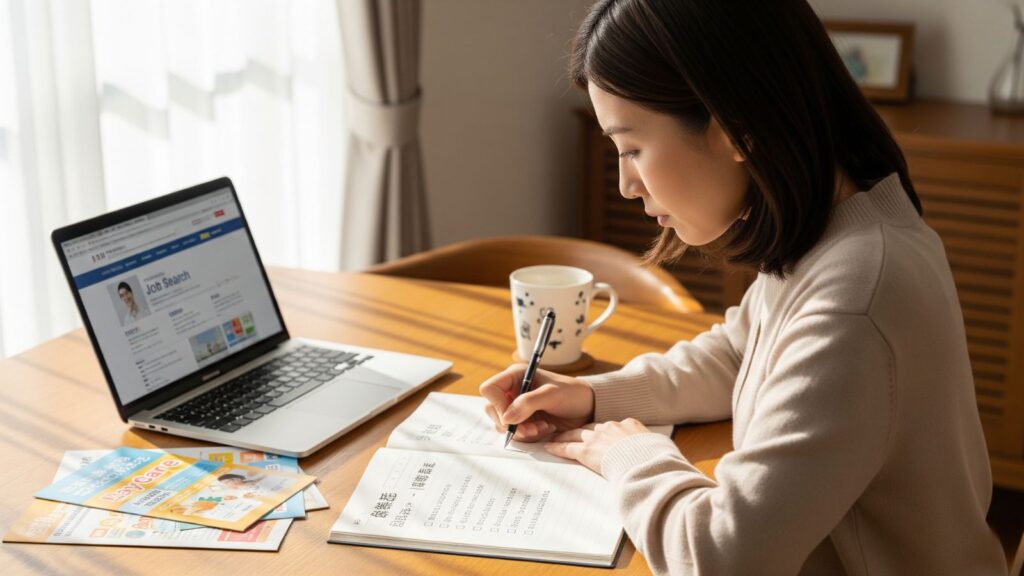 自宅のダイニングテーブルで、保育園探し(保活)と職探し(就活)の計画をノートに書き出す日本人母親。テーブルにはノートPC、保育園のパンフレット、マグカップが置かれ、戦略的に両立を目指す前向きな姿を表現。