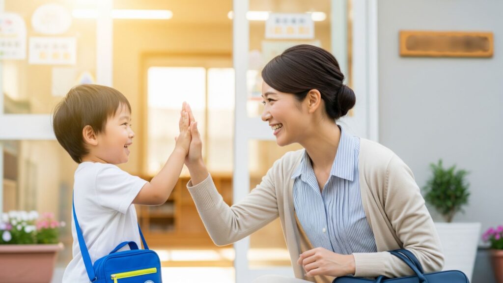 仕事前に保育園の玄関で、笑顔の子供とハイタッチを交わすオフィスカジュアルな服装の日本人母親。両立生活の成功と充実した日常を象徴する、希望に満ちた朝の送迎シーン。