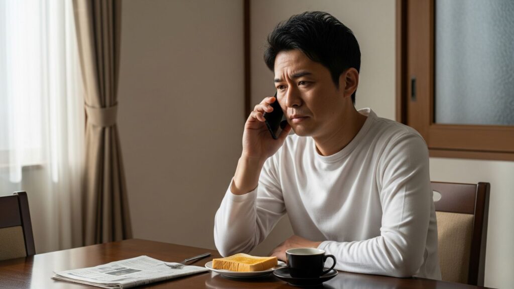 ダイニングテーブルで、手つかずの朝食を前に、ハローワークに面接辞退の電話をする50代男性。緊張した面持ちで、複雑な感情を抱えている様子。「ハローワーク面接辞退」のタイミングと伝え方を解説する記事の見出し画像。「おがた式リストラ対策研究所」