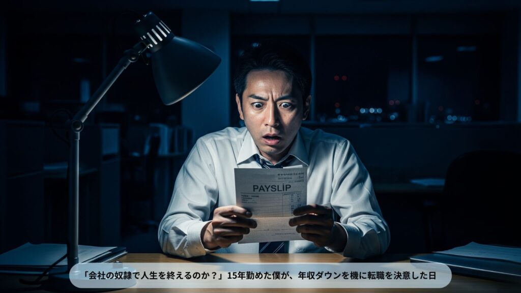 百貨店からの転職を決意するきっかけとなった、給与明細を見て愕然とする40代男性のイラスト