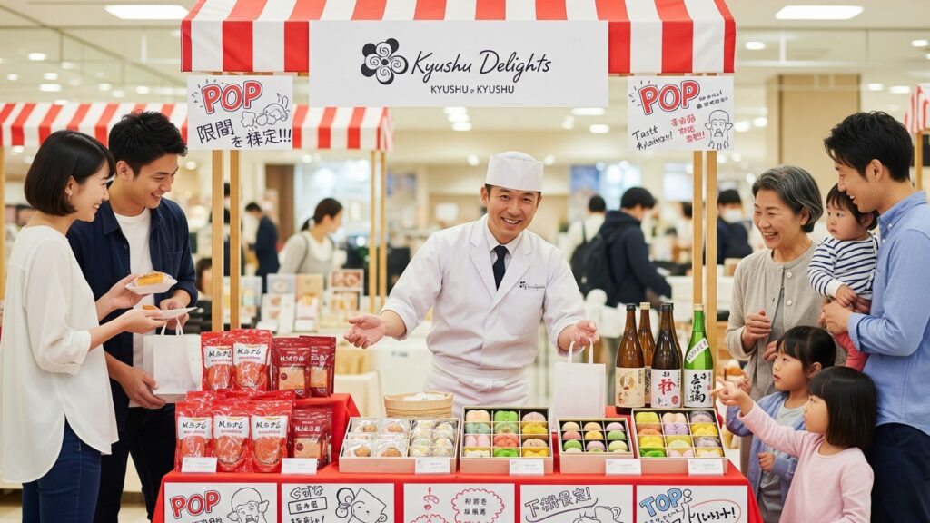百貨店から転職した40代男性が、百貨店の物産催事で自信に満ちた笑顔で接客販売しているイラスト