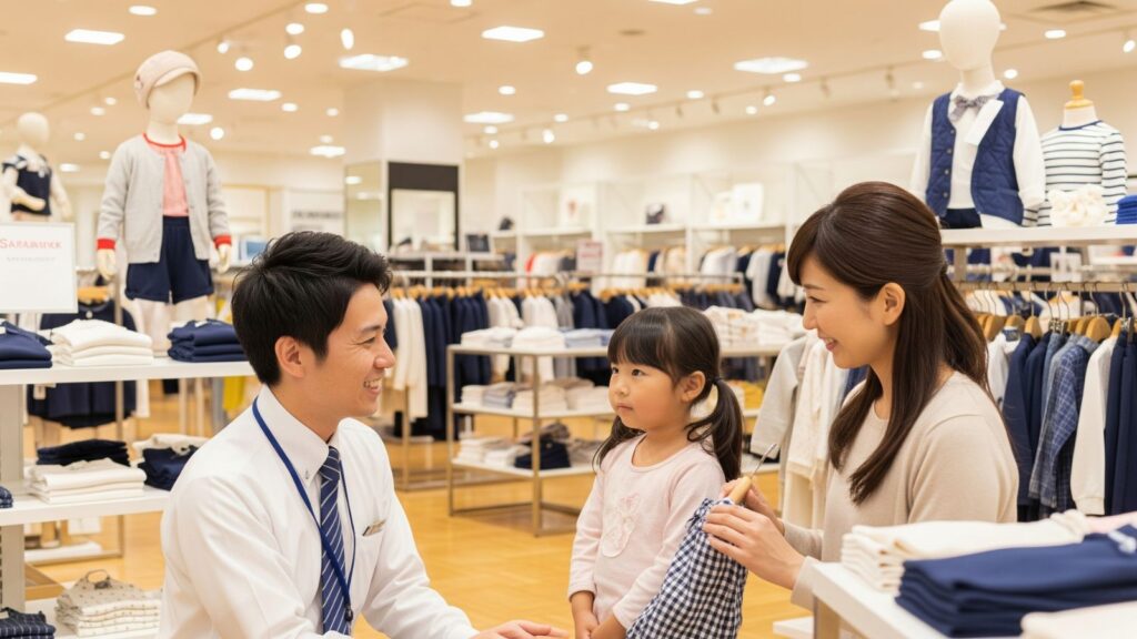 百貨店の子供服売り場で、母親と子供に笑顔で商品について説明する30代の男性販売員のイラスト