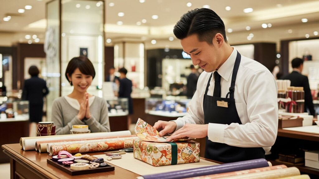 百貨店の売り場でお客様のギフトを丁寧に包装する若い男性社員。転職後も役立った包装技術。