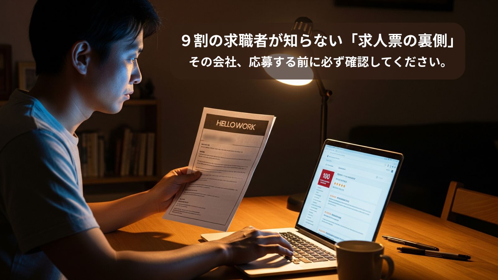 夜、自宅でハローワークの求人票とパソコンの口コミサイトを見比べている男性。ブラックリストに載るような危険な企業を警戒し、真剣な表情で調べている様子。