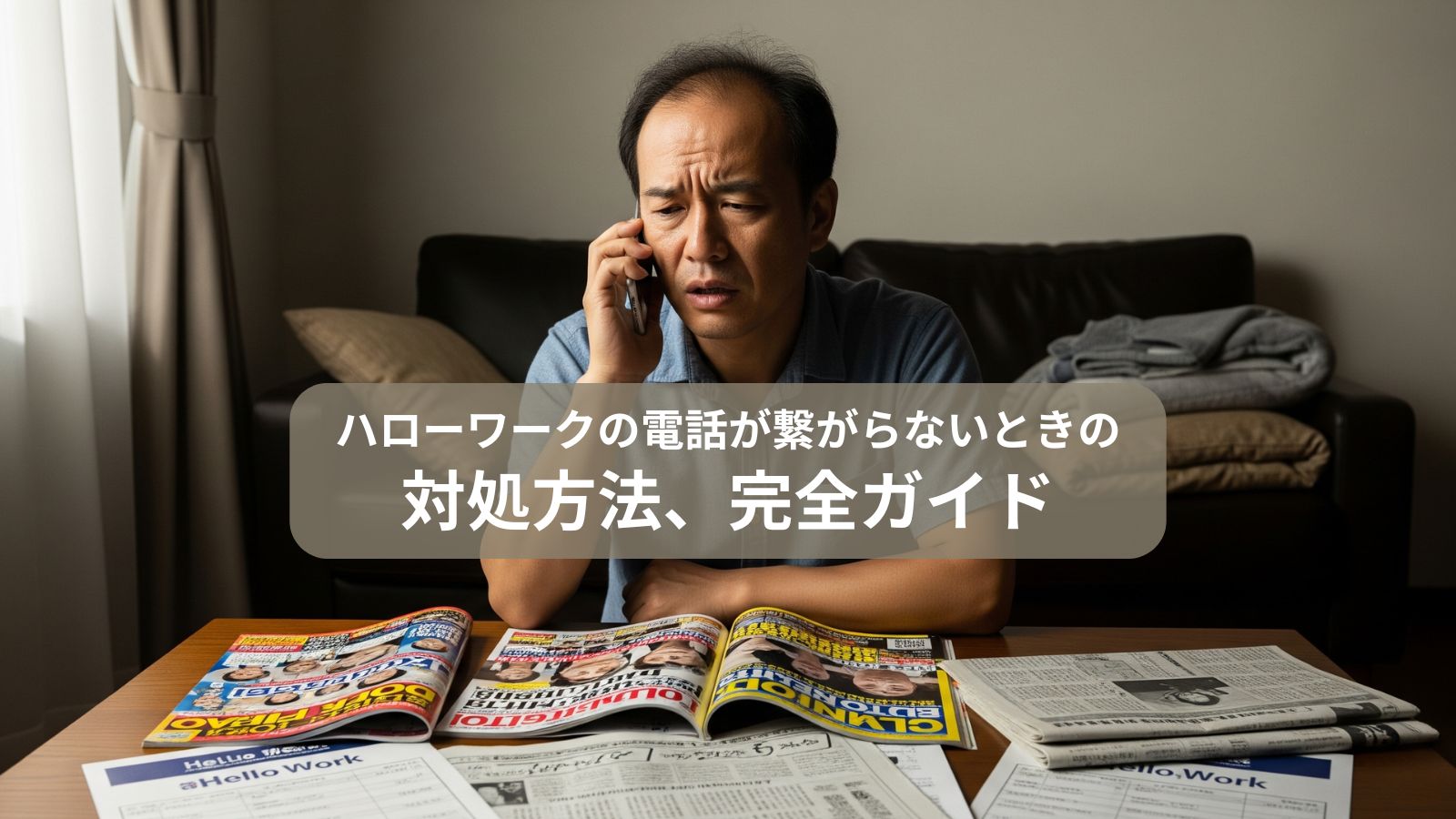 自宅の居間で、求人誌やハローワークの書類に囲まれ、スマートフォンでハローワークに電話をかけるも繋がらず、イライラと不安が入り混じった表情を浮かべる40代後半の失業中の男性。「ハローワーク 電話 繋がらない」時の対処法を解説するブログ記事のアイキャッチ画像。「おがた式リストラ対策研究所」