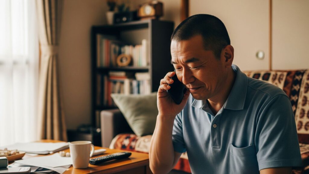 自宅のリビングで、ハローワークからの電話を受ける50代男性。少しやつれた顔に、良い知らせを聞いたような安堵と希望の表情が浮かぶ。失業や転職の不安の中でも、前向きな一歩となる連絡の様子。