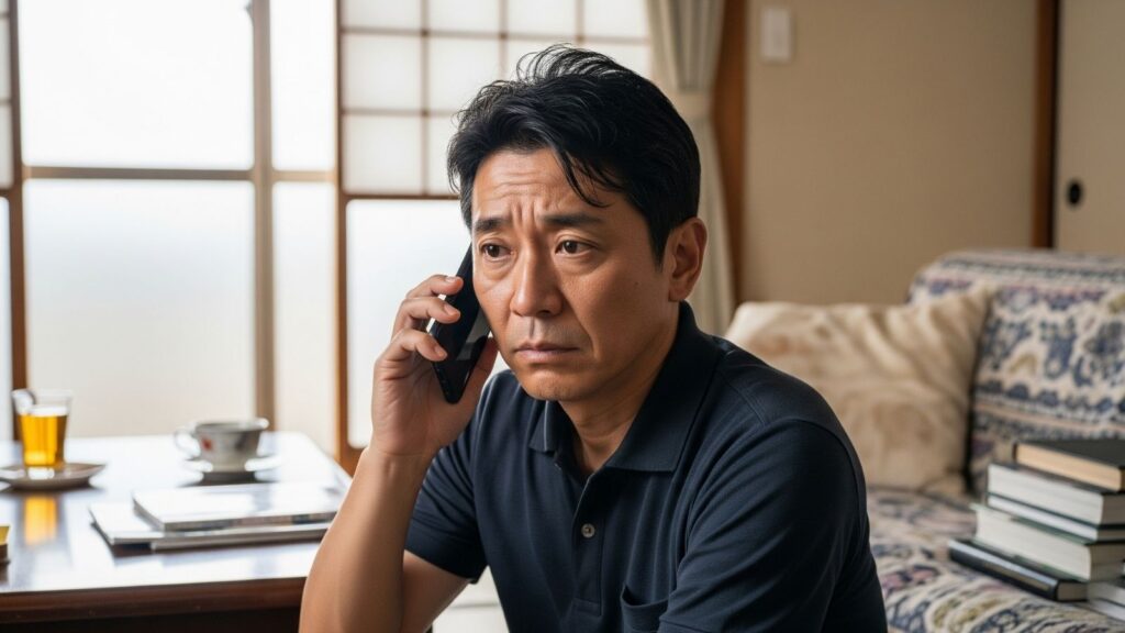 ごく普通の自宅のリビングで、ハローワークからの電話に少し困惑しながらも真剣に対応する50代の日本人男性。失業や転職活動の不安が表情ににじむ。「ハローワークから電話がかかってくる理由と対策」を示す挿絵。