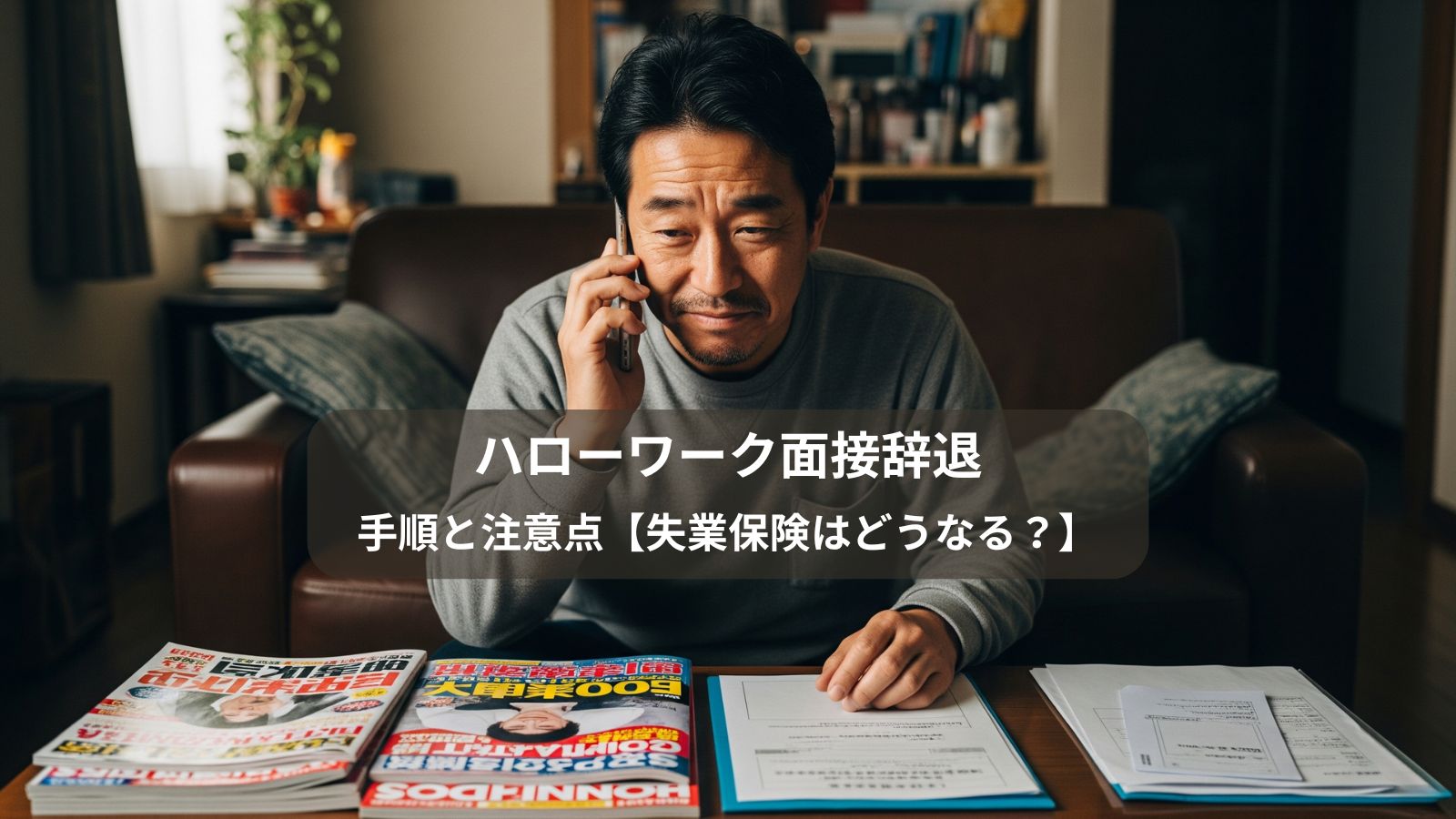 自宅のリビングで、ハローワークの面接辞退の電話をかける50代男性。少し苦笑いを浮かべ、申し訳なさそうに頭を下げながらも、次への決意を感じさせる表情。「ハローワーク面接辞退」の正しい手順と注意点を解説する記事のアイキャッチ画像。「おがた式リストラ対策研究所」