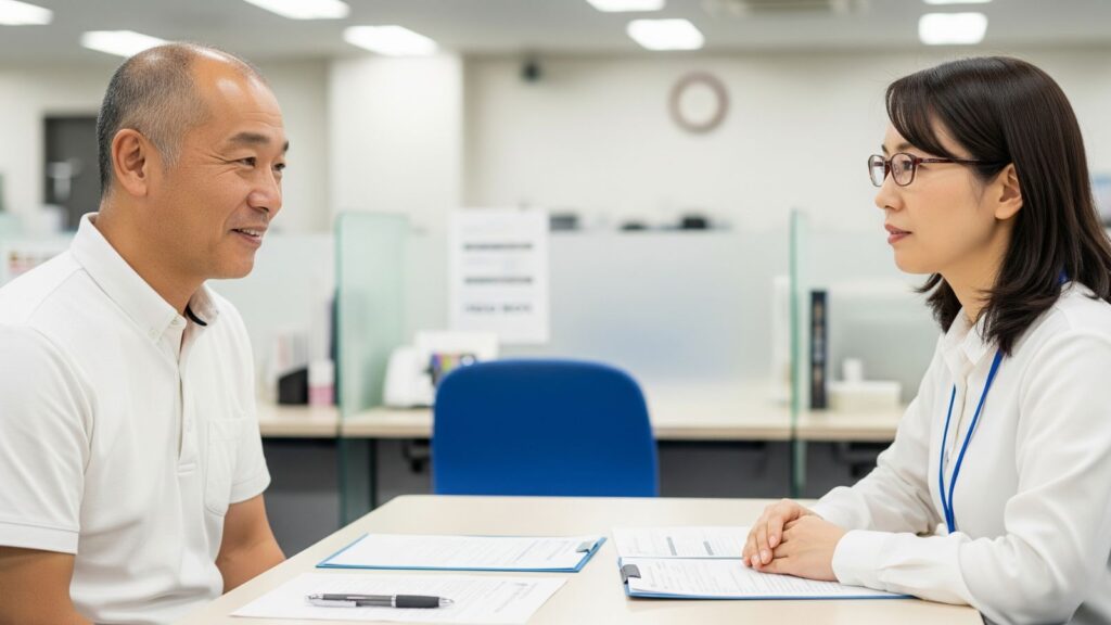 ハローワークの相談窓口で、安心した表情の50代男性が40代女性相談員と話し、未来に希望を見出す様子