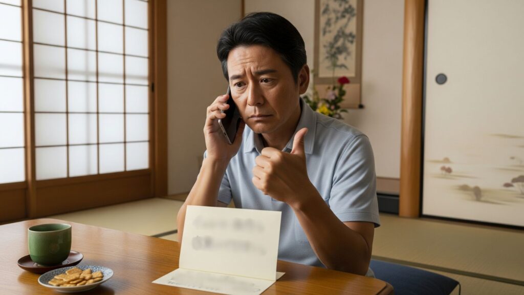 自宅でハローワークからの不在着信に気づき、メモを見ながら緊張した表情で折り返し電話をかける50代男性