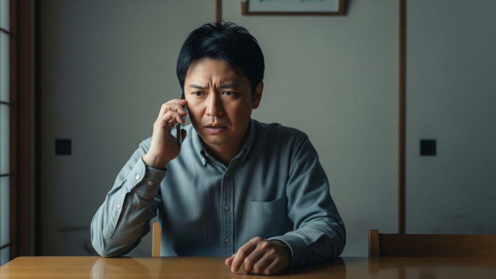 自宅の薄暗いダイニングで、ハローワークに電話が繋がらず困惑と苛立ちの表情を浮かべる50代の失業中の男性。何度かけても繋がらない電話への不満が、彼の表情から見て取れる。「ハローワーク 電話 繋がらない」時の具体的な解決策を提示する記事の挿絵。「おがた式リストラ対策研究所」