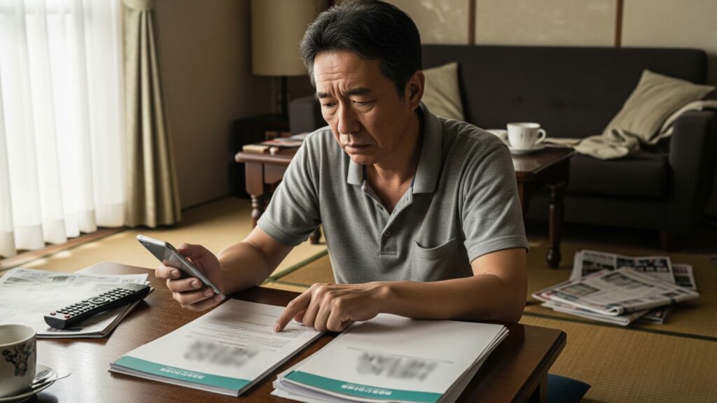 自宅でハローワークの書類を確認しながら、スマホで電話番号を入力する40代後半の男性。面接辞退の連絡を前に、少し困惑したような真剣な表情。「ハローワーク面接辞退の手順」を解説する記事の見出し画像。「おがた式リストラ対策研究所」