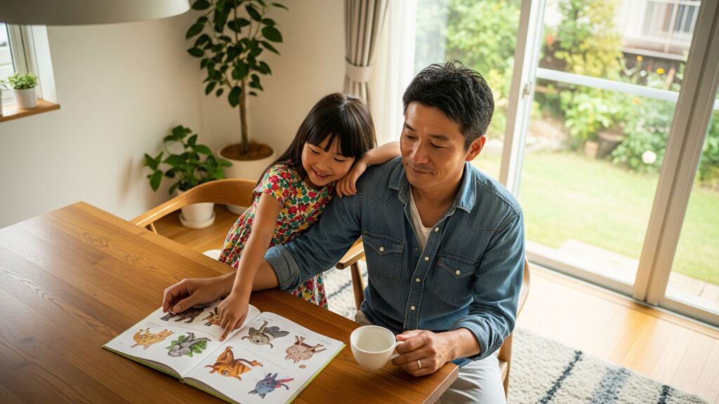 週末の自宅リビングで、40代後半の男性が5歳くらいの娘と絵本を読む様子。暖かな自然光が差し込む中、男性はリラックスした表情でコーヒーカップを持ち、娘は笑顔で父親の肩にもたれかかり、絵本を指差している。