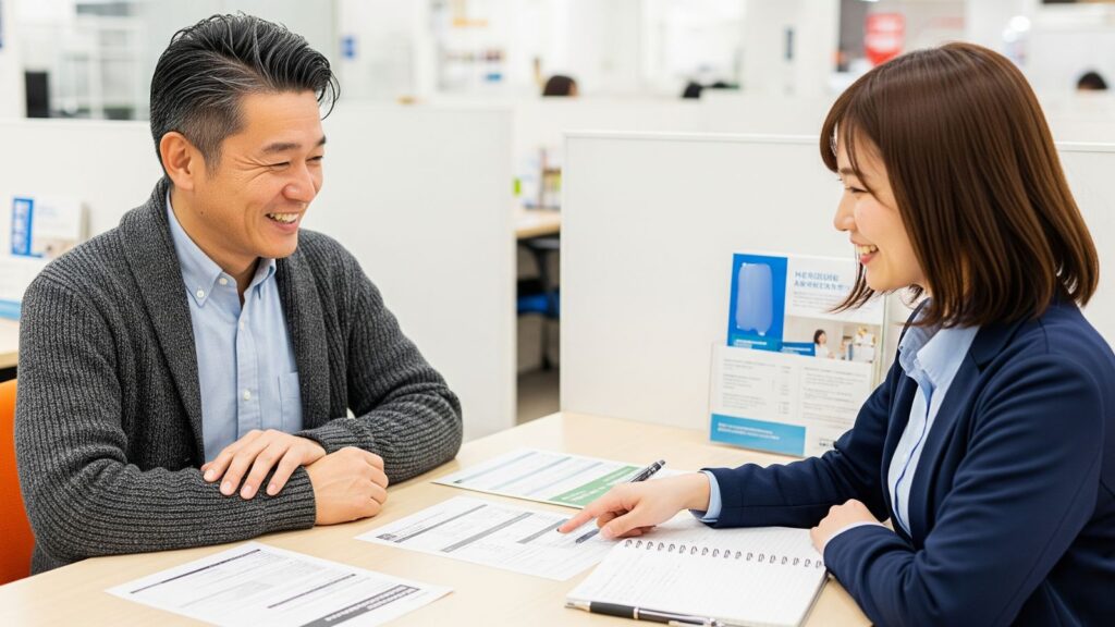 ハローワークで雇用契約について相談し、安心した表情を見せる50代の日本人男性と、親身に説明する女性相談員。