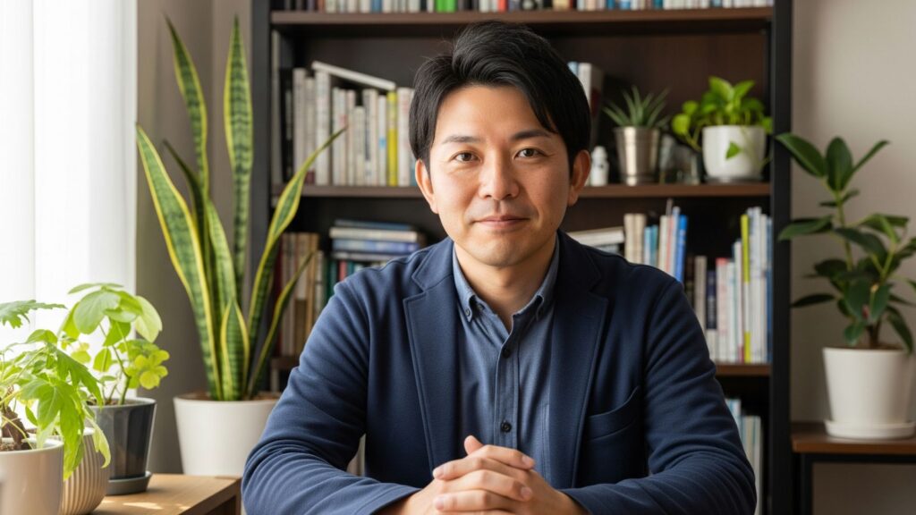 百貨店からの転職に関するよくある質問に答える専門家の男性。読者の悩みに答えるため、カメラをまっすぐ見つめている。