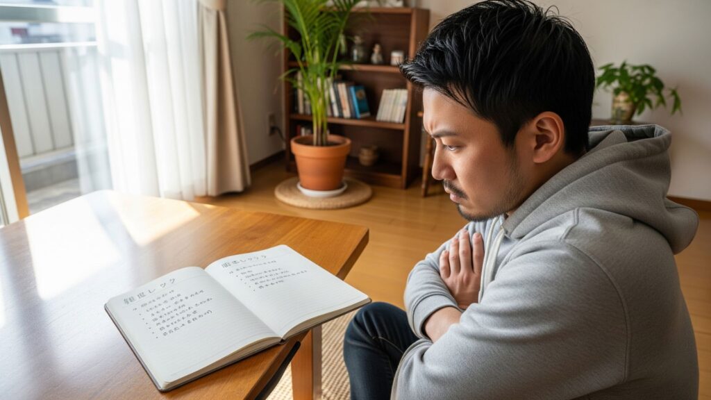 自宅のリビングで、会社を辞めるべきかノートにメリットとデメリットを書き出して真剣に悩む男性。後悔しないための判断基準を考えている。