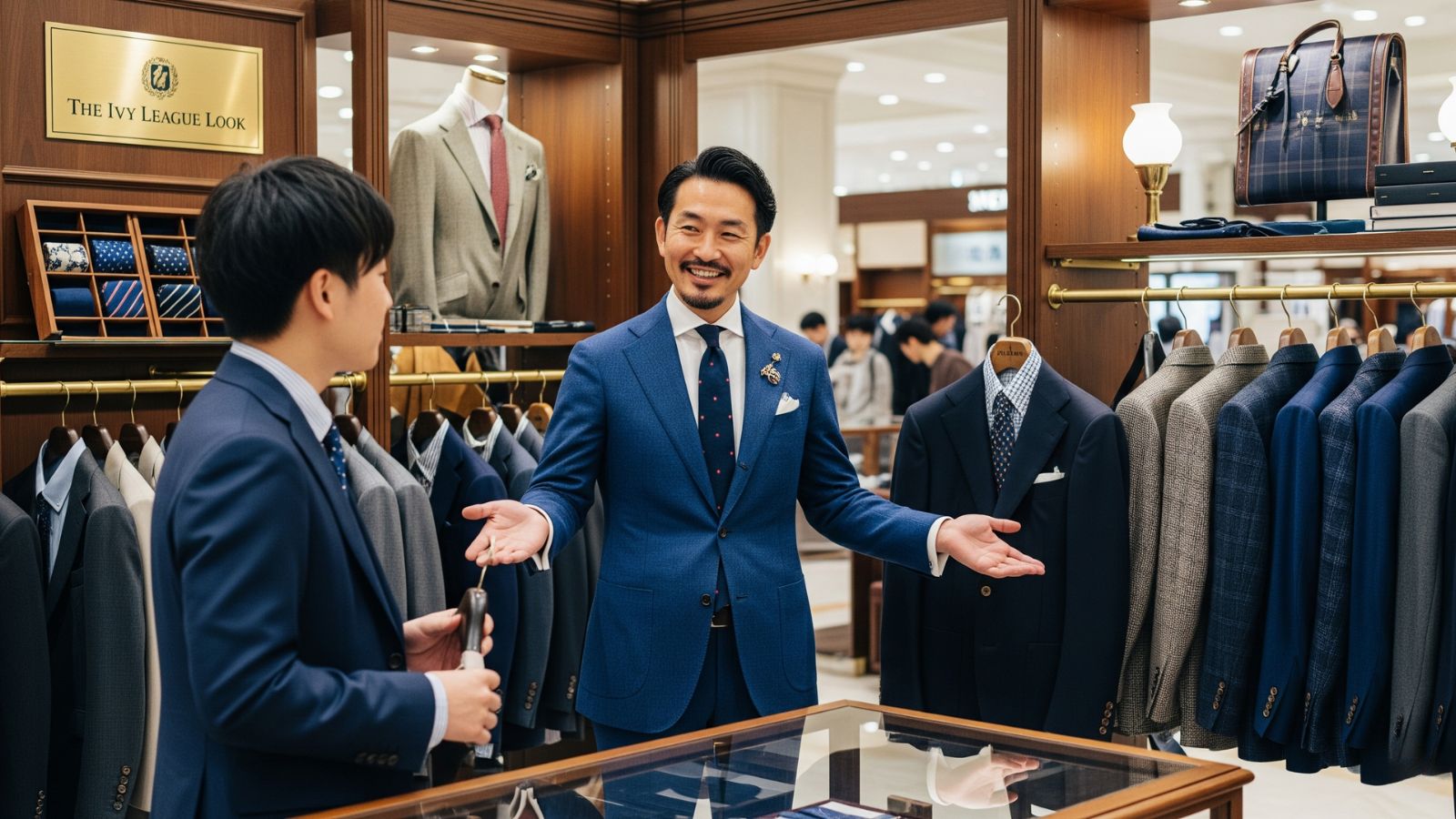 百貨店のアメリカントラッド高級紳士服ブースで、ベテランのアパレルメーカー社員が年若い顧客に笑顔でスーツを提案し、接客する様子。プロの販売員の魅力と信頼感を表現。
