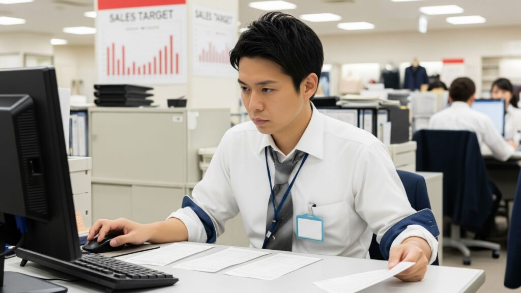百貨店のバックオフィスで給与明細とパソコンの売上データを見比べる男性社員