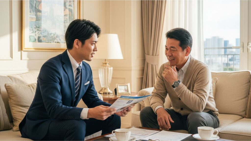 百貨店から転職した30代の営業マンが、富裕層である50代の顧客の自宅リビングで、外商時代に培った信頼関係を武器に生命保険の提案をしている様子。