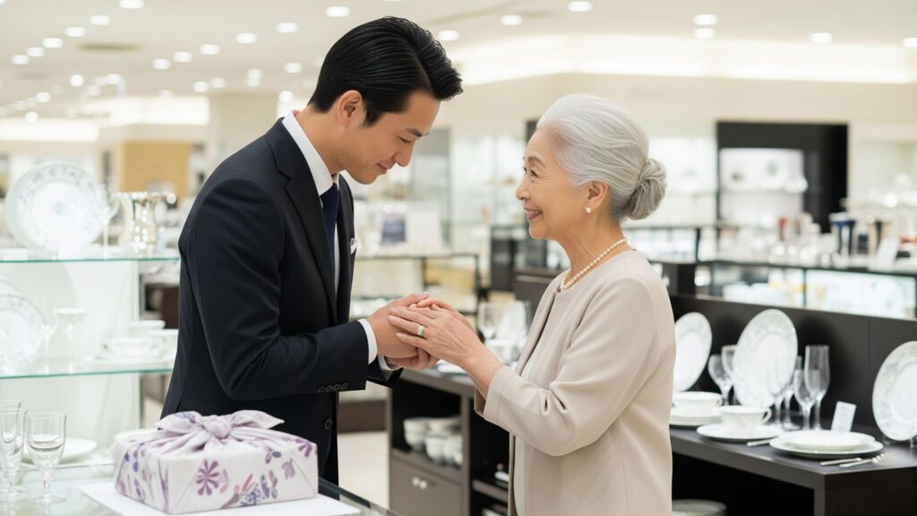 百貨店の高級食器売り場で、長年のお得意様から感謝を伝えられるベテラン男性社員