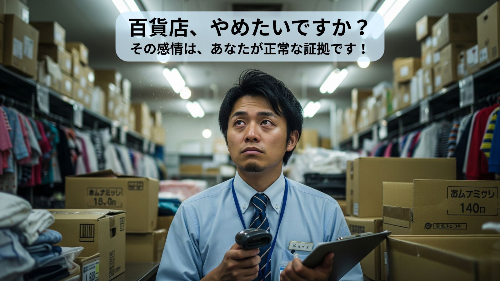 百貨店の薄暗いバックヤードで、子供服の在庫管理をしながら「やめたい」と将来に悩む疲れた表情の20代男性社員