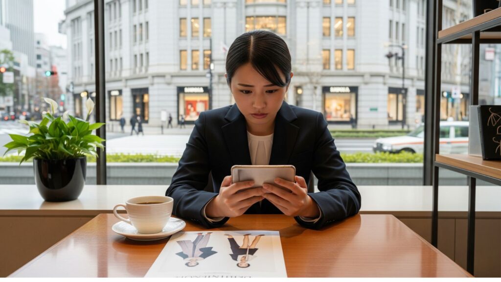 百貨店への就職に悩むスーツ姿の女子大生がカフェでスマホを見ている