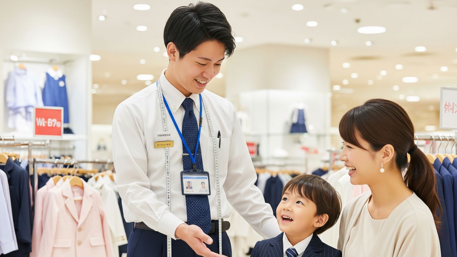 百貨店の子供服売り場で七五三スーツを選ぶ母子と接客する若手男性社員