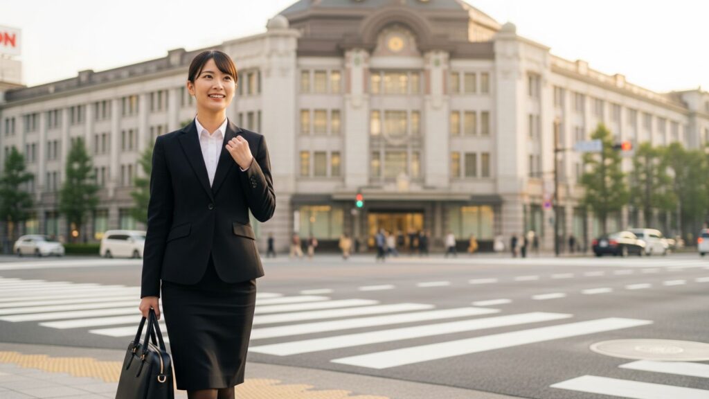 百貨店を背に、希望に満ちた表情で未来へ歩み出すリクルートスーツの女子大生