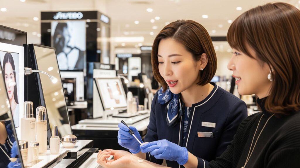 百貨店の化粧品カウンターで、専門知識を活かして接客するメーカー所属の女性販売員