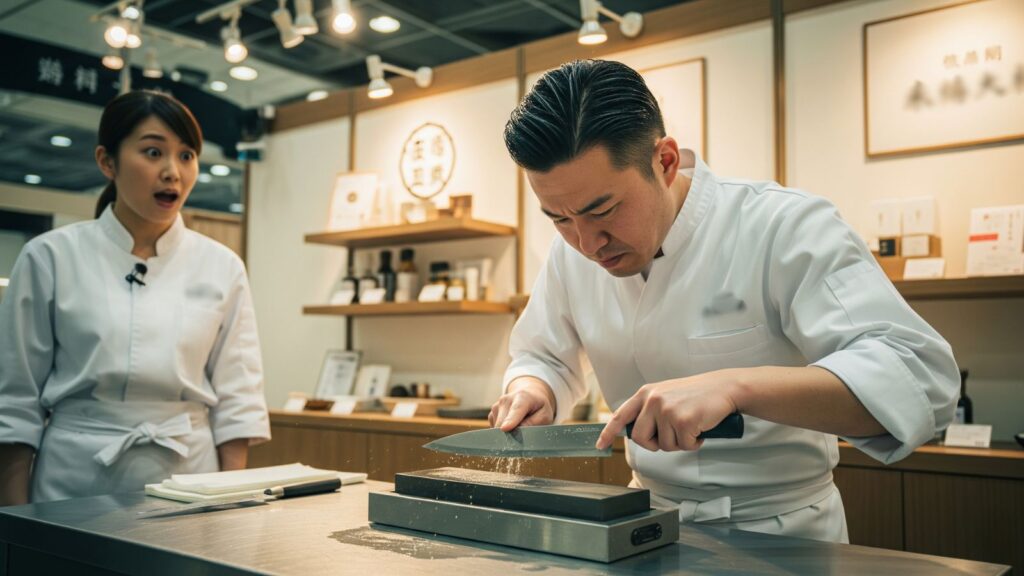 百貨店から食品会社へ転職した30代男性が、催事場で包丁を砥石で研ぐ様子。同僚の30代女性が驚きと感心でそれを見つめている。元百貨店員が培った専門技術が異業種で活きる瞬間。