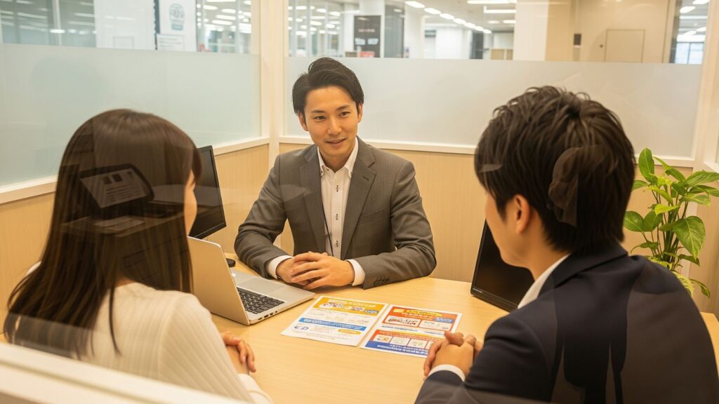 百貨店から転職した男性ライフプランナーが、若い夫婦の相談に乗り、信頼関係を築いている。百貨店で培った顧客対応スキルが活かされている様子。